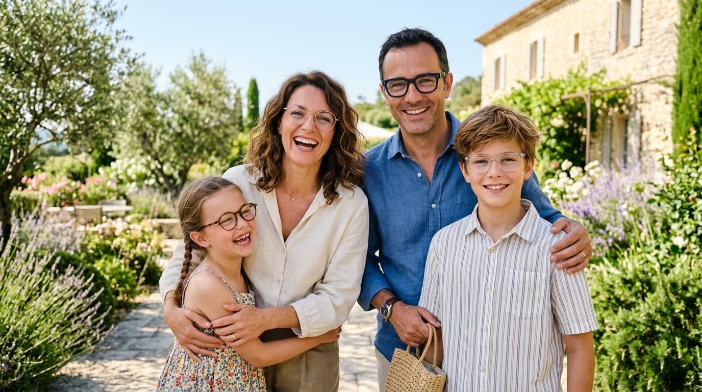 Famille souriante portant des lunettes élégantes