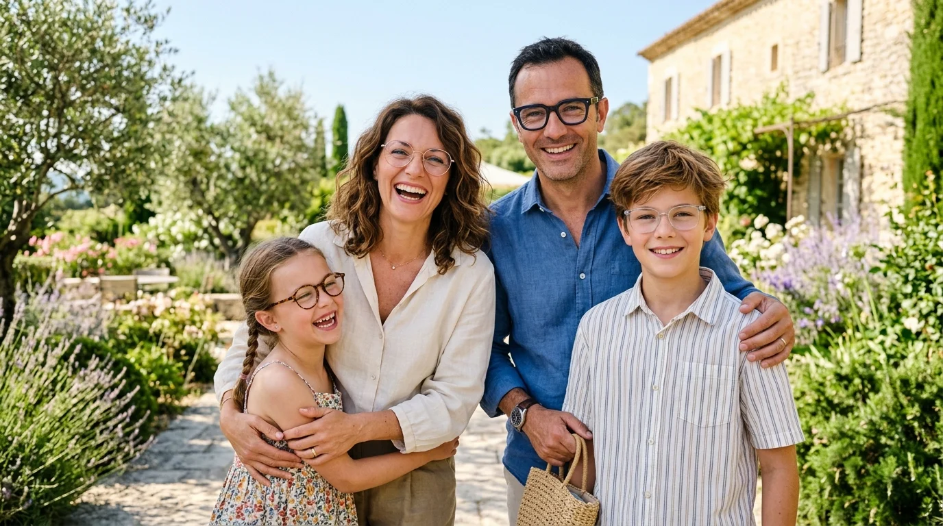 Famille souriante portant des lunettes élégantes